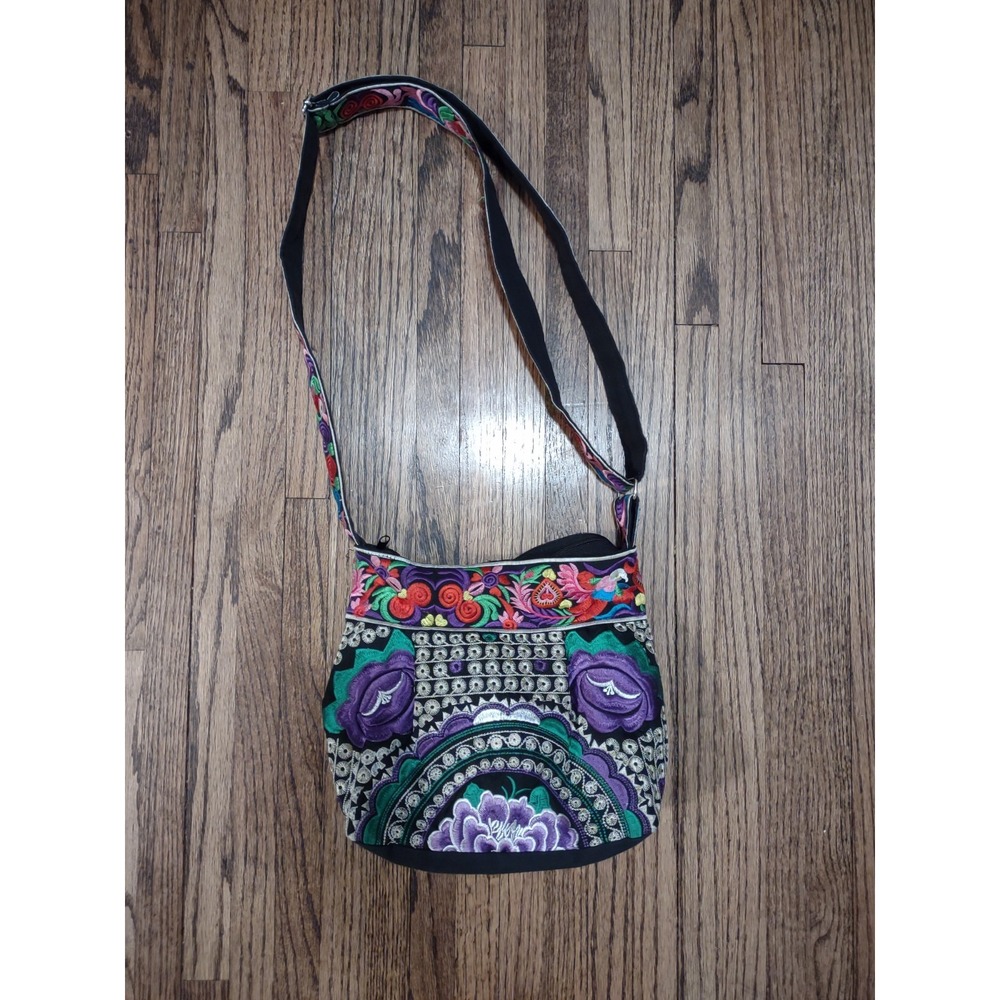 Boho Hmong Style Embroidered Crossbody Bag 11x10 Floral Mandala Purse